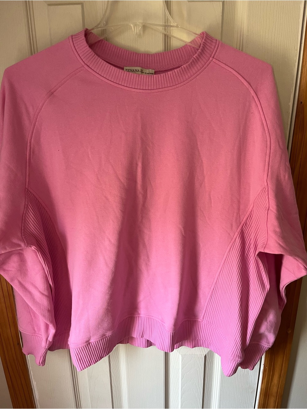 Zenana Outfitters Pink Ribbed Crewneck Sweatshirt